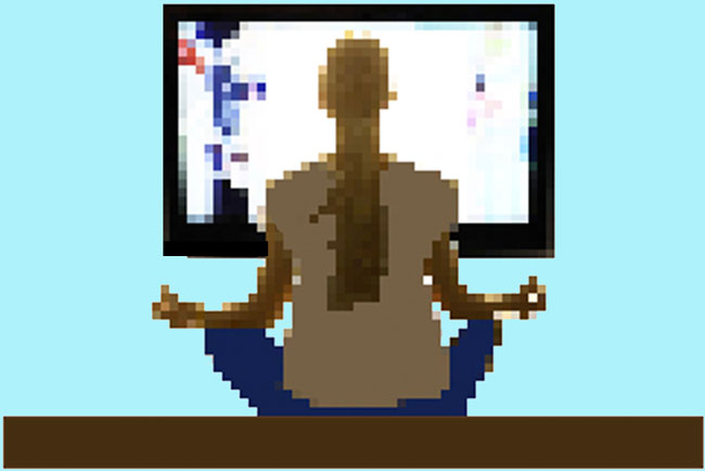 A woman is sitting and meditating in front of a television
